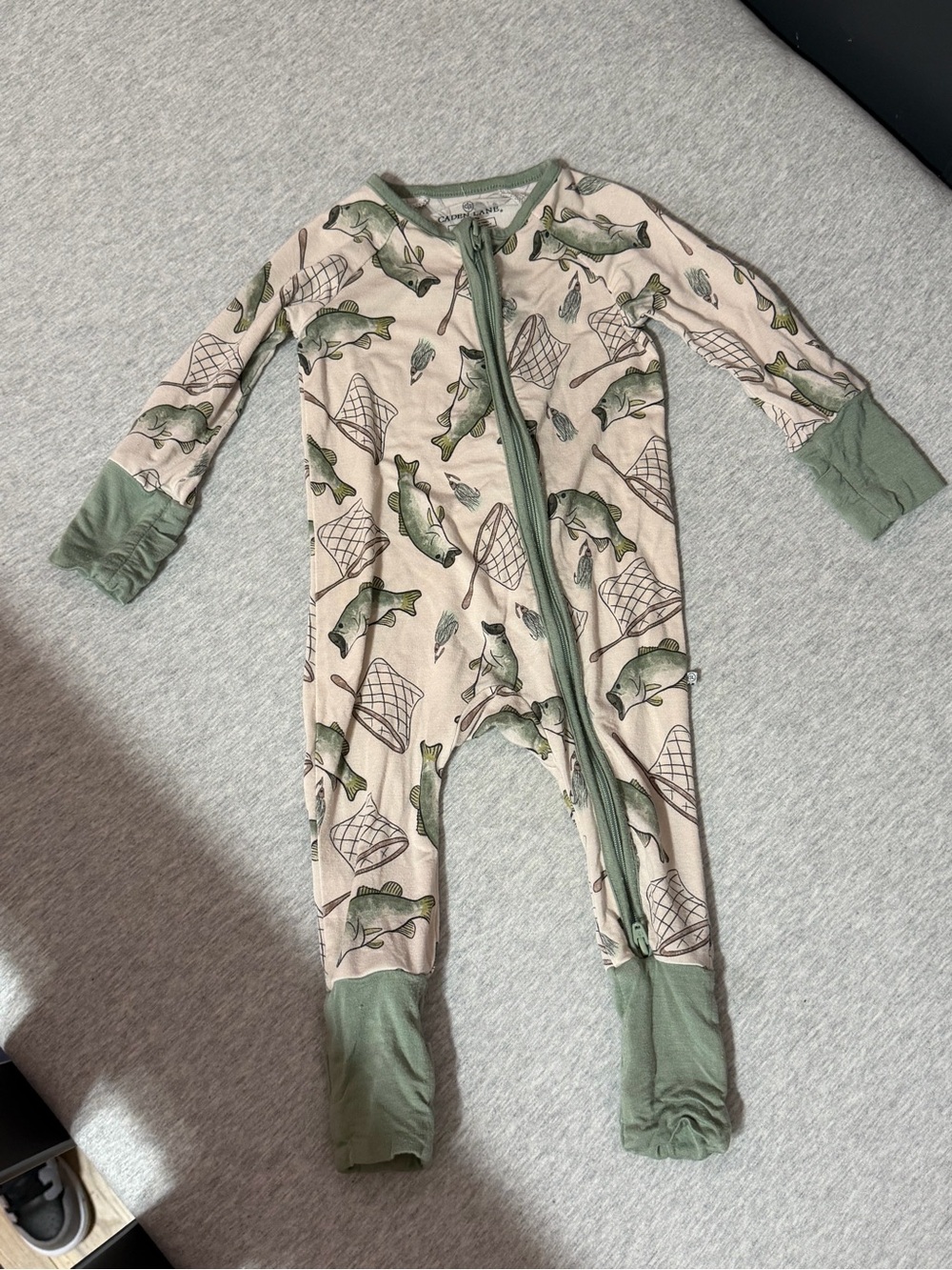 Caden Lane Beige Footie with Green Fish Print